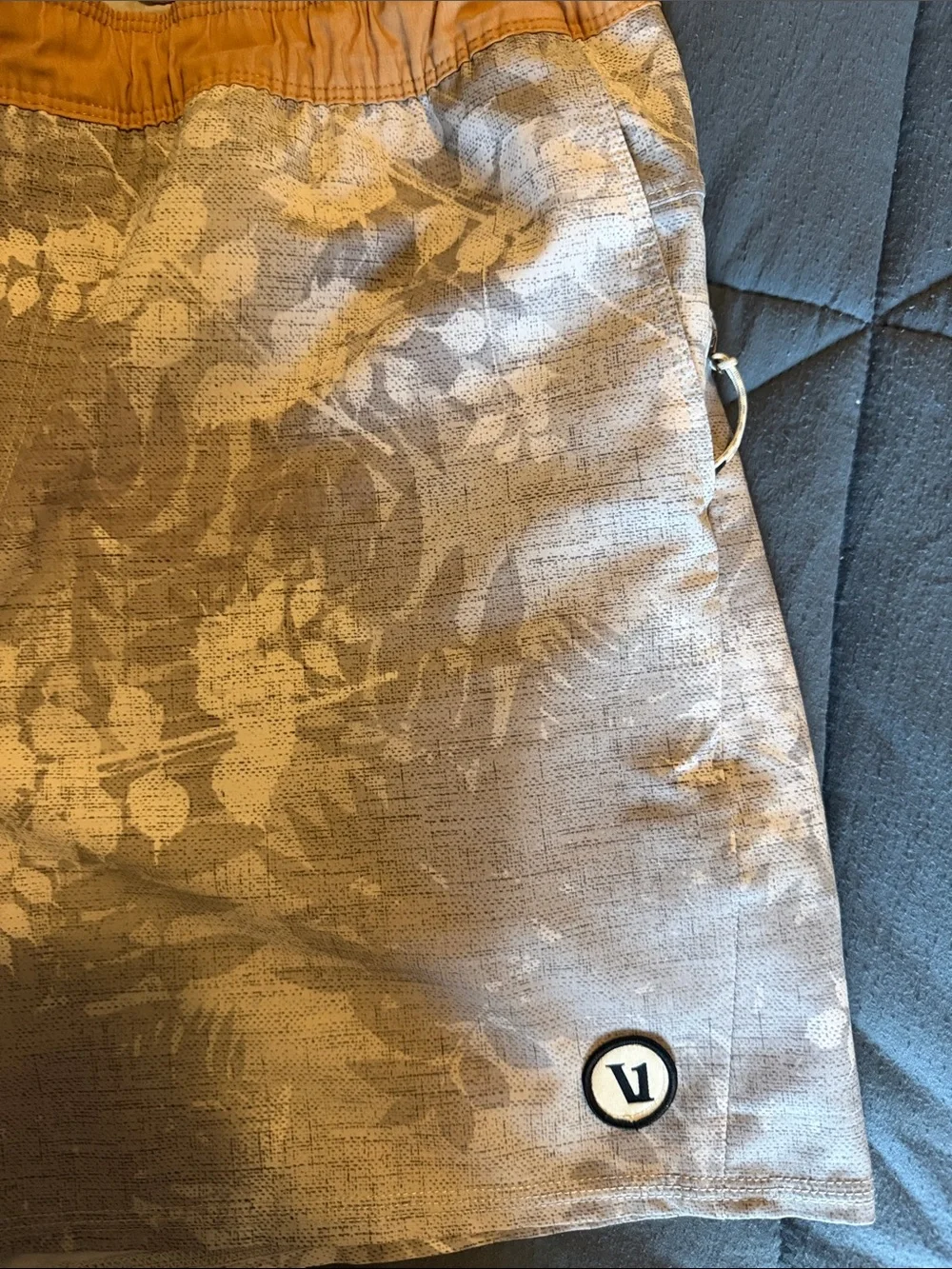 Vuori Swim Trunk (Unlined) Grey Floral with Light Gold Accents